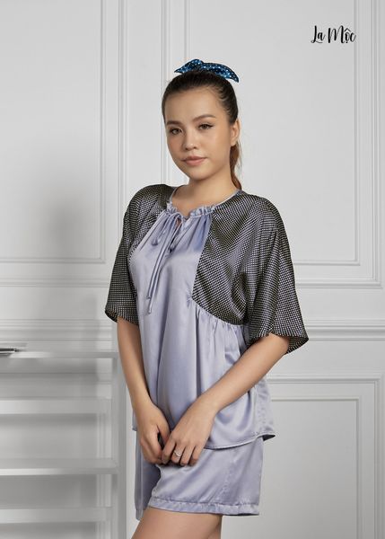 BỘ MẶC NHÀ NGẮN XÁM KIỂU PHỐI HỌA TIẾT CHẤM BI, SATIN LỤA KOREA