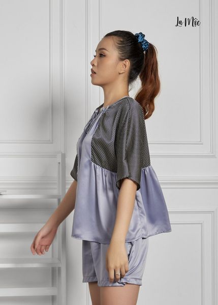 BỘ MẶC NHÀ NGẮN XÁM KIỂU PHỐI HỌA TIẾT CHẤM BI, SATIN LỤA KOREA