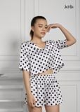 BỘ MẶC NHÀ NGẮN SATIN LỤA KOREA CỔ V, ÁO LỬNG MÀU TRẮNG, HỌA TIẾT CHẤM BI