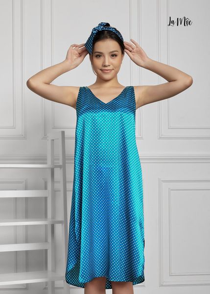 ĐẦM MẶC NHÀ, SATIN LỤA KOREA, SÁT NÁCH, CỔ TIM, XANH CHẤM BI