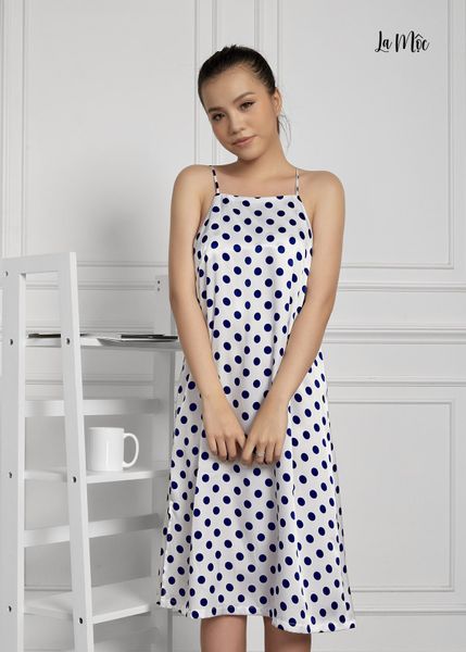 ĐẦM MẶC NHÀ 2 DÂY, TRẮNG CHẤM BI, SATIN LỤA KOREA