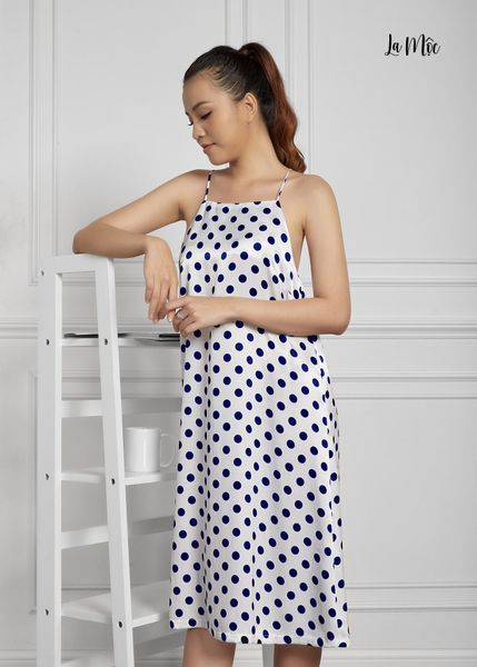 ĐẦM MẶC NHÀ 2 DÂY, TRẮNG CHẤM BI, SATIN LỤA KOREA