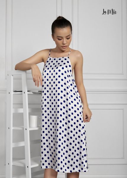 ĐẦM MẶC NHÀ 2 DÂY, TRẮNG CHẤM BI, SATIN LỤA KOREA