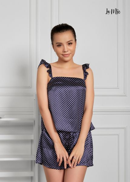 BỘ MẶC NHÀ NGẮN 2 DÂY CÁNH TIÊN, XANH DƯƠNG CHẤM BI, SATIN LỤA KOREA