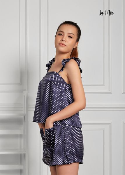 BỘ MẶC NHÀ NGẮN 2 DÂY CÁNH TIÊN, XANH DƯƠNG CHẤM BI, SATIN LỤA KOREA