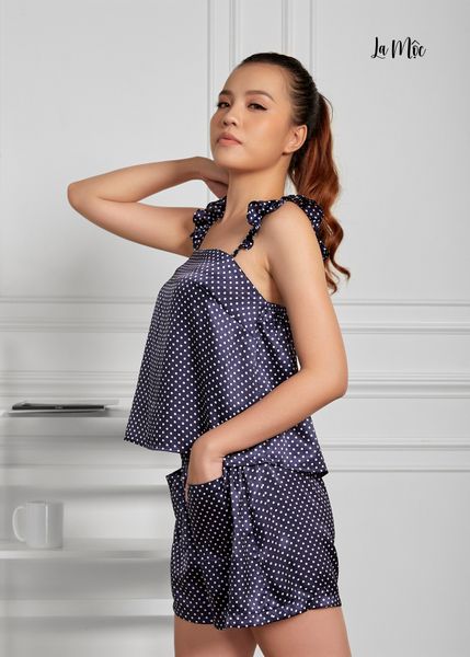 BỘ MẶC NHÀ NGẮN 2 DÂY CÁNH TIÊN, XANH DƯƠNG CHẤM BI, SATIN LỤA KOREA