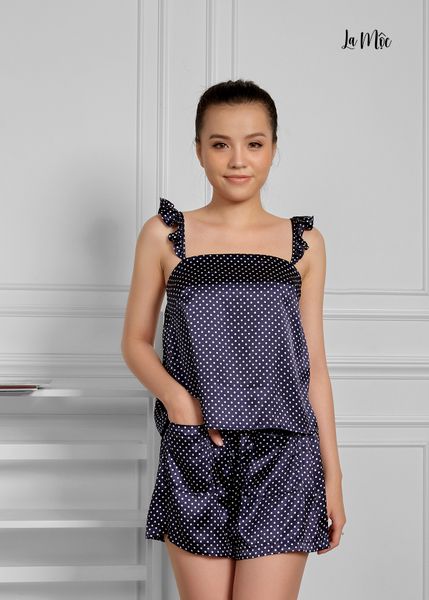 BỘ MẶC NHÀ NGẮN 2 DÂY CÁNH TIÊN, XANH DƯƠNG CHẤM BI, SATIN LỤA KOREA