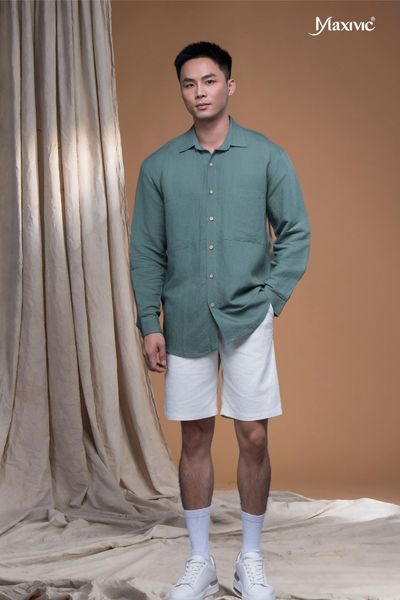 Áo sơmi linen nam màu xanh lá Maxivic