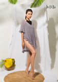 ÁO CHOÀNG BIKINI, MÀU XÁM, CỔ V, NHÚN BÈO, DÂY RÚT EO