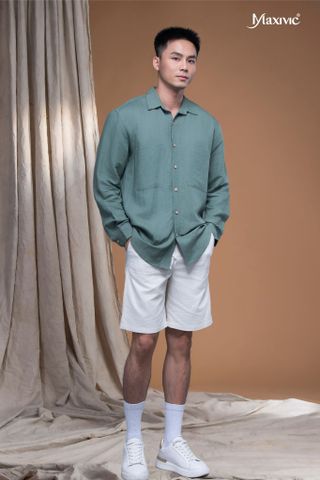 Áo sơmi linen nam màu xanh lá Maxivic