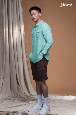 Áo sơmi linen nam màu xanh Maxivic