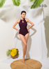 BIKINI 1 MẢNH, MÀU TÍM THAN, CỔ KHOÉT HÌNH GIỌT NƯỚC, CỘT CHÉO LƯNG