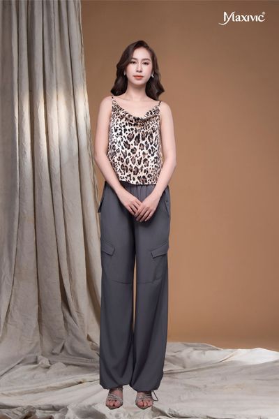 Quần nữ xen lụa xám đậm túi hộp rút ống