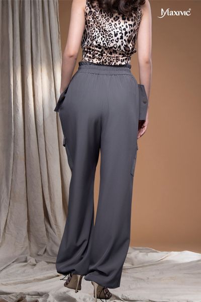 Quần nữ xen lụa xám đậm túi hộp rút ống