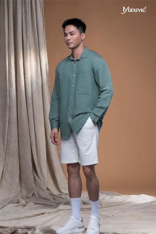 Áo sơmi linen nam màu xanh lá Maxivic