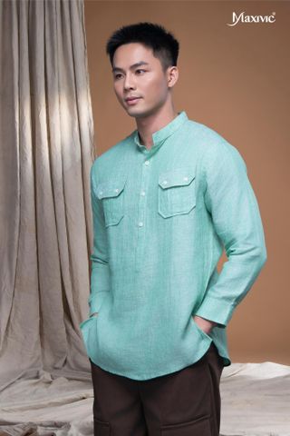 Áo sơmi linen nam màu xanh Maxivic