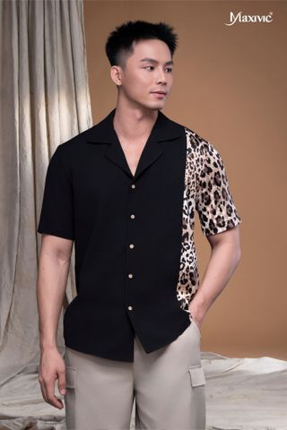 Áo sơ mi danton đen xô cát phối beo Maxivic