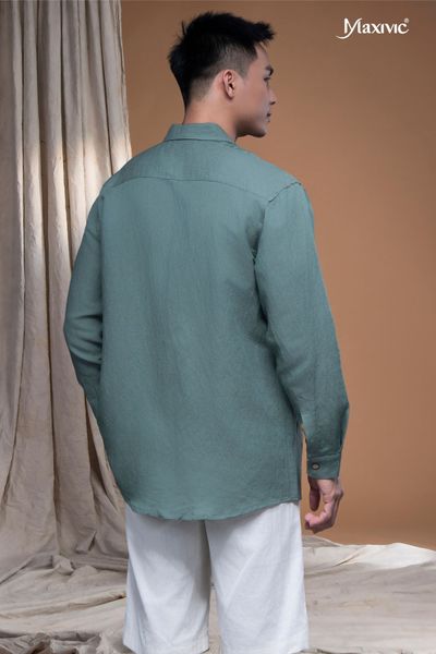 Áo sơmi linen nam màu xanh lá Maxivic