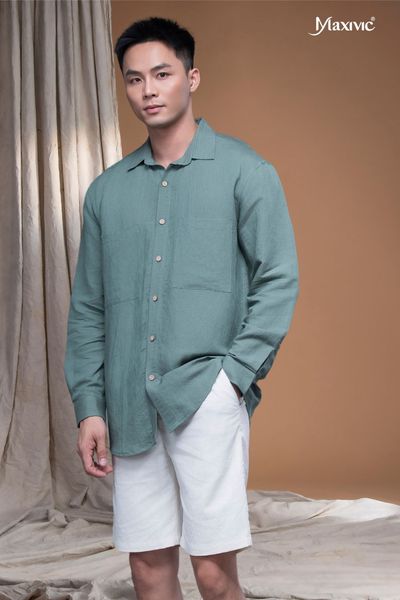 Áo sơmi linen nam màu xanh lá Maxivic