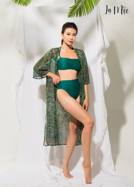 ÁO CHOÀNG BIKINI, HỌA TIẾT MÀU XANH LÁ, TAY LỬNG