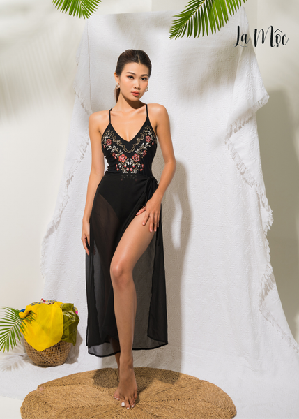 BIKINI 1 MẢNH, MÀU ĐEN, ĐÍNH ĐÁ, THÊU HOA, DÂY CỘT CHÉO LƯNG