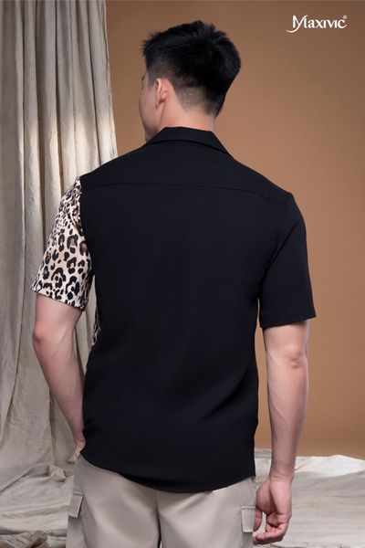 Áo sơ mi danton đen xô cát phối beo Maxivic