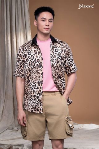 Áo sơ mi beo lụa cát phối cổ đen Maxivic