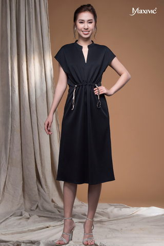Đầm thun đen cổ sơmi tim, rút dây Maxivic