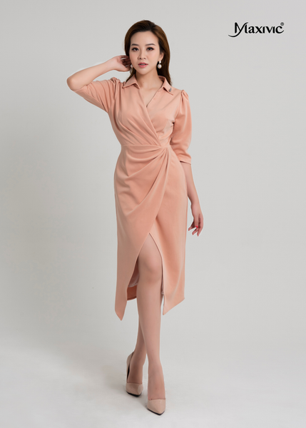 ĐẦM SƠ MI HỒNG, XẾP EO, TAY PHỒNG