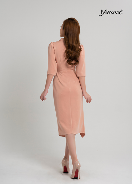 ĐẦM SƠ MI HỒNG, XẾP EO, TAY PHỒNG