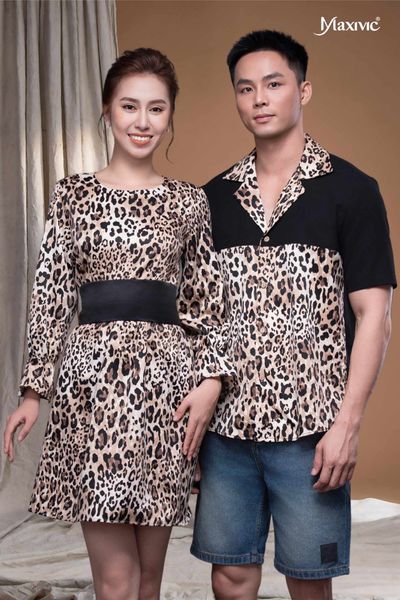 Áo sơ mi danton beo lụa cát phối đen Maxivic