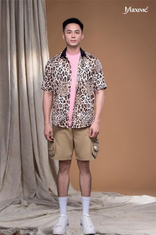 Áo sơ mi beo lụa cát phối cổ đen Maxivic