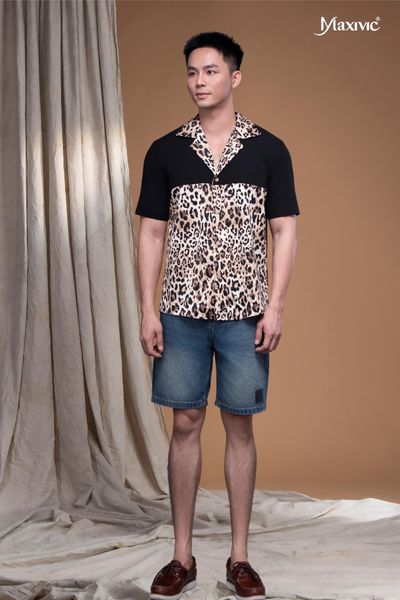 Áo sơ mi danton beo lụa cát phối đen Maxivic