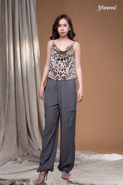 Quần nữ xen lụa xám đậm túi hộp rút ống