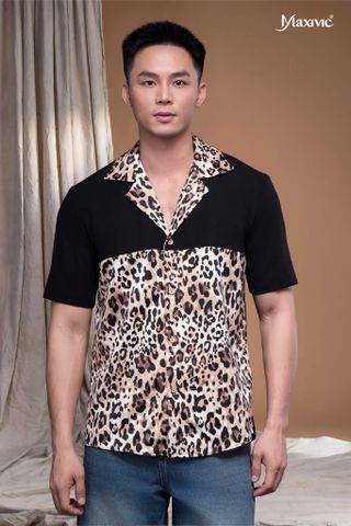 Áo sơ mi danton beo lụa cát phối đen Maxivic