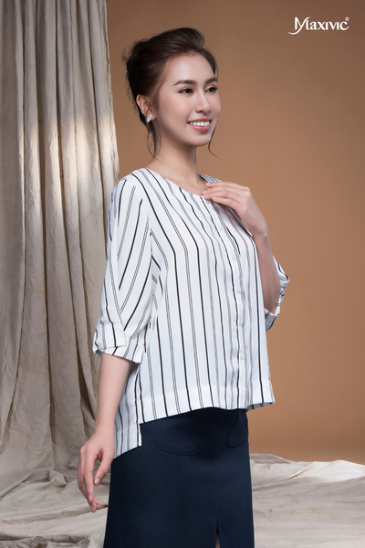 Áo lụa sọc đứng sơmi cổ tròn Maxivic