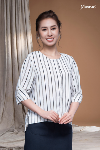 Áo lụa sọc đứng sơmi cổ tròn Maxivic