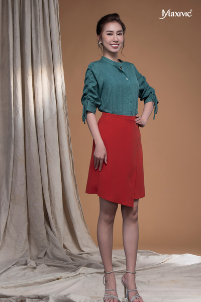 Chân váy công sở chữ A tà đắp chéo màu cam đỏ Maxivic