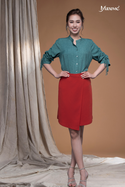 Chân váy công sở chữ A tà đắp chéo màu cam đỏ Maxivic