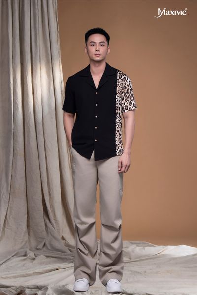 Áo sơ mi danton đen xô cát phối beo Maxivic