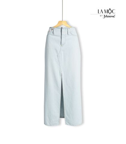 Chân váy jeans xanh wash xẻ trước Maxivic