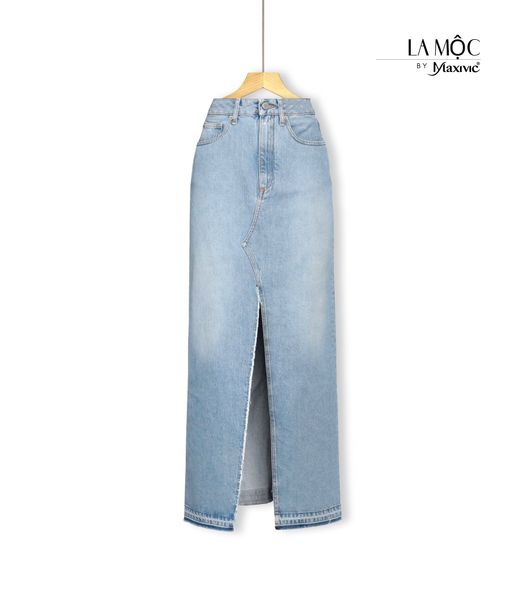 Chân váy jeans xanh nhạt xẻ trước La Mộc