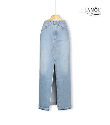 Chân váy jeans xanh nhạt xẻ trước Maxivic