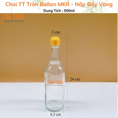 Chai Thủy Tinh Tròn Ballan MKR 500ml Nắp Đậy Vàng
