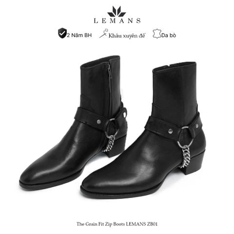  Giày da bò thuộc Zip Boots Black LeMans ZB01, tặng đai zip thành 03 Harness  Boots bảo hành 12 tháng 