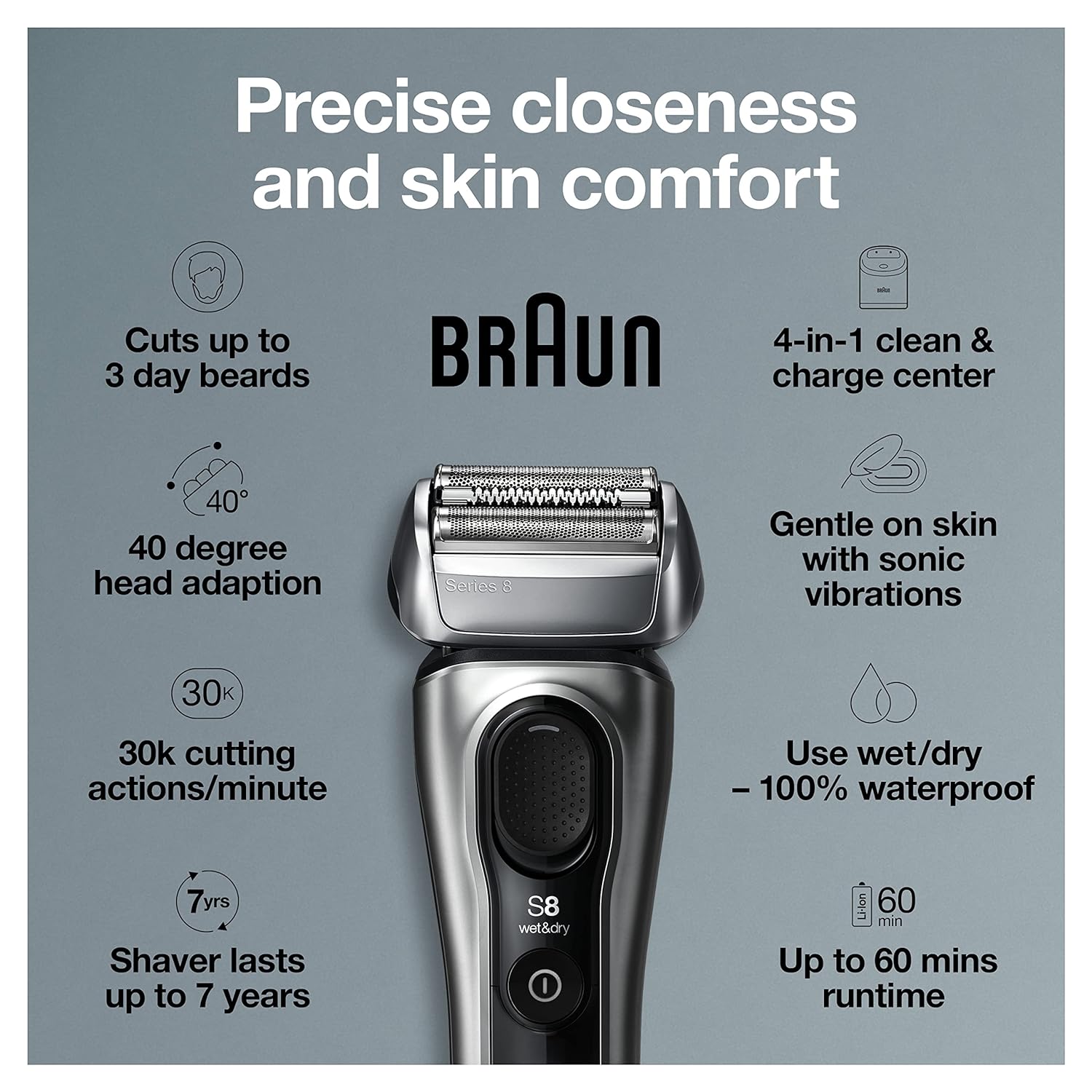 Máy cạo râu Braun Series 8 8457cc với bộ tỉa râu chính xác, Trung tâm làm sạch và sạc SmartCare