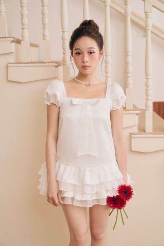  CLÉLIE Đầm suông cổ vuông phối nơ xếp tầng dáng ngắn CERI DRESS 