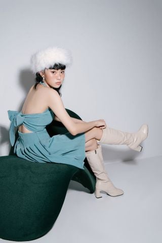  Đầm yếm dáng xoè xếp ly họa tiết trơn - LADY DRESS 