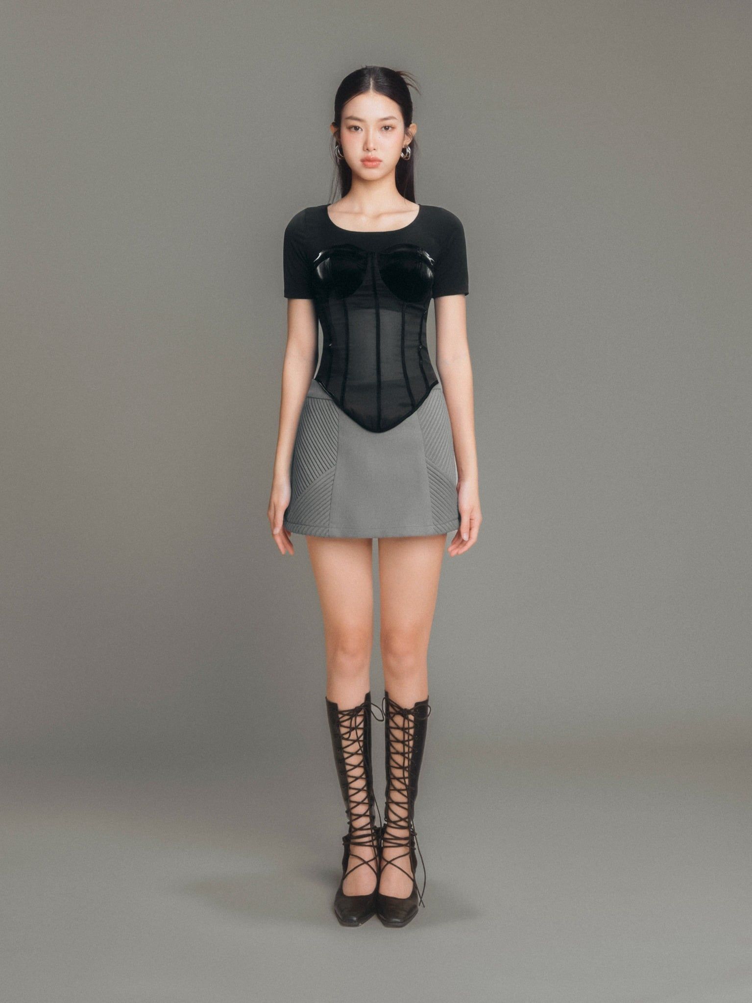  CLÉLIE Áo Corset xuyên thấu phối da ánh kim LUCID TOP 