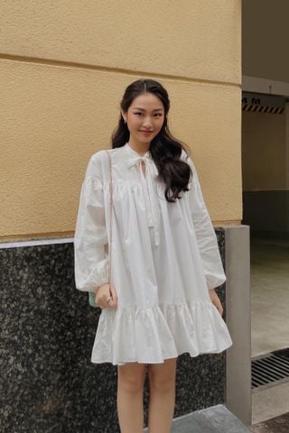  CLÉLIE Đầm babydoll tay dài nhún rộng váy xòe họa tiết trơn TRAZEPE WHITE DRESS 